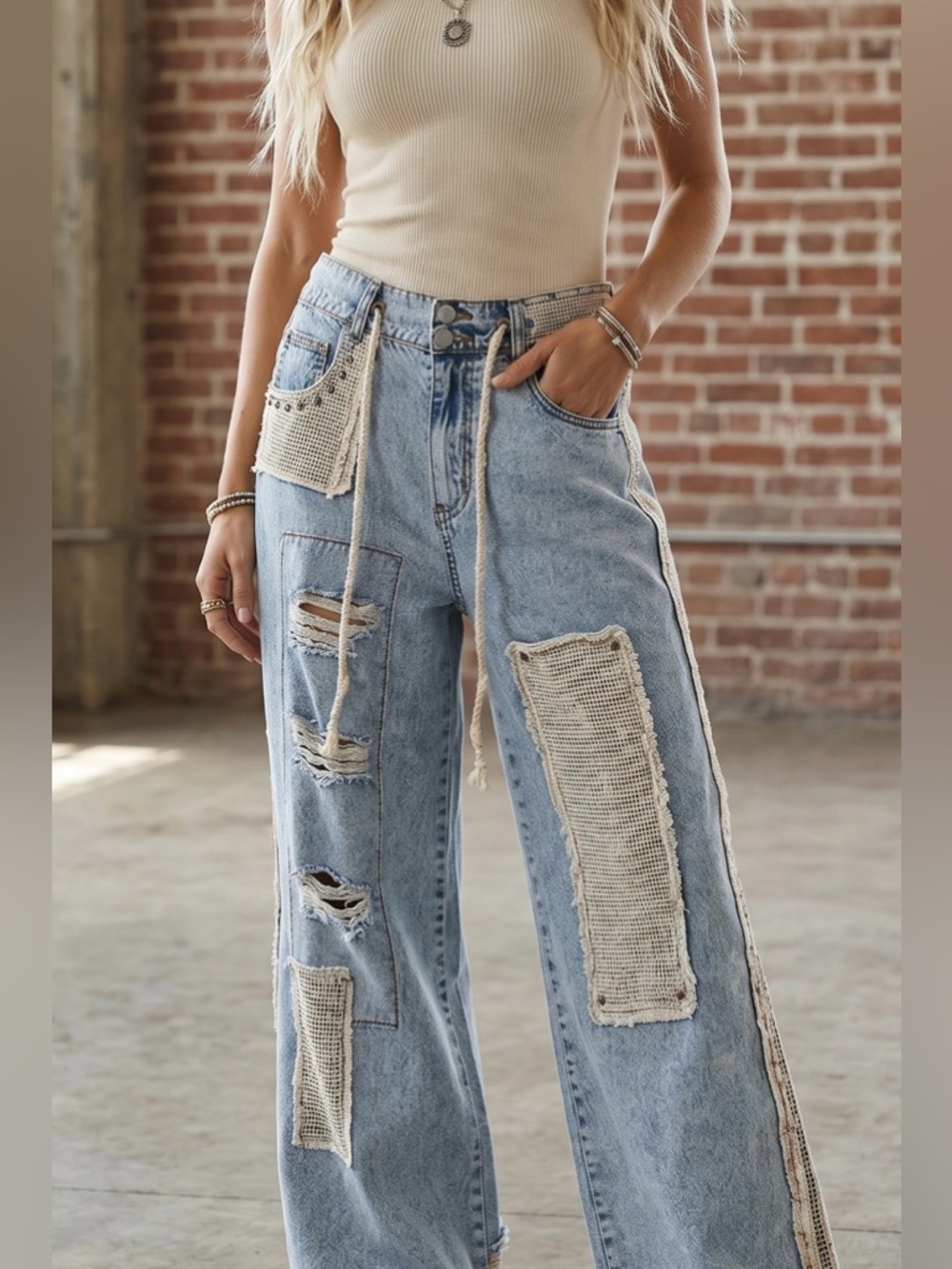 NWT POL Patchwork Crochet Boho Floral Print Wide Leg Relaxed Fit Denim Jean Pant - Picture 2 of 6